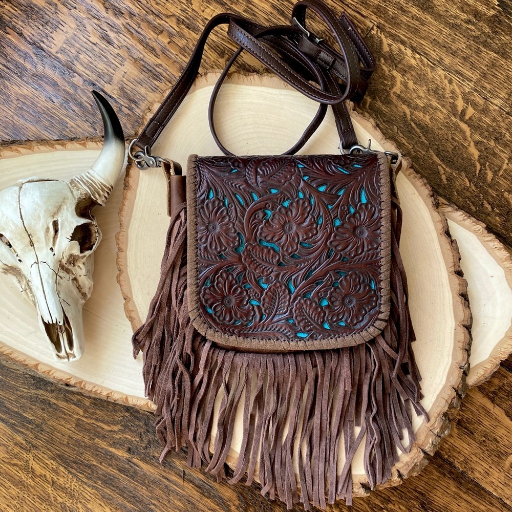 Western Leather Crossbody Fringe Tooled purse bag